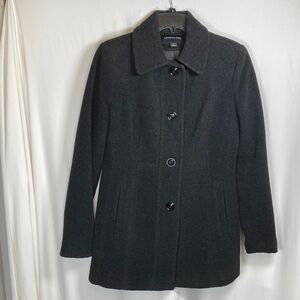 London Fog Black Fuzzy Wool Pea Coat Minimalist Nautical Military Preppy